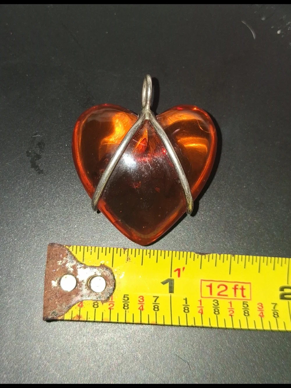 Vintage Sterling Silver Set. Amber Puff Heart Pendant With Oval Amber Ring 7.5